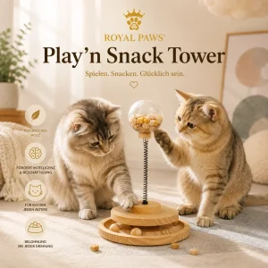 🐱 Royal Paws™ Play’n Snack Tower – Holz-Spielzeug & Futterspender für Katzen